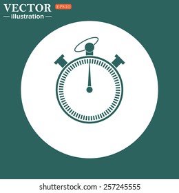 The green icon on a white circle on a green background. stopwatch.  Vector illustration EPS 10
