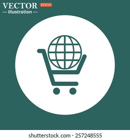 The green icon on a white circle on a green background. put in shopping cart, Globe, vector illustration, EPS 10