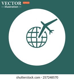 The green icon on a white circle on a green background. Fashion Icon aircraft around the world, vector illustration, EPS 10