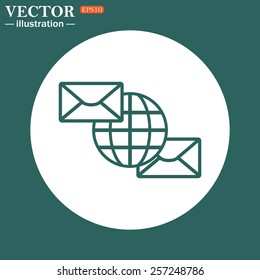 The green icon on a white circle on a green background. Internet e-mai, envelope lette, Globe,  vector illustration, EPS 10