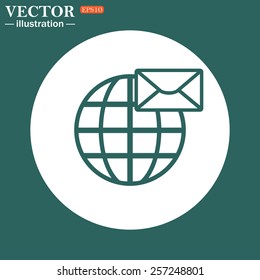 The green icon on a white circle on a green background. Internet e-mai, envelope lette, Globe,  vector illustration, EPS 10