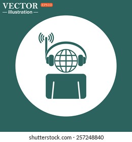 The green icon on a white circle on a green background. with headphones listening to music, head planet. Vector illustration, EPS 10
