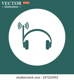 The green icon on a white circle on a green background. Headphones. Musical accessories running through wi-fi network,  vector illustration, EPS 10