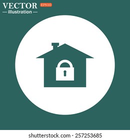 The green icon on a white circle on a green background. House, access is closed, locked,  vector illustration, EPS 10