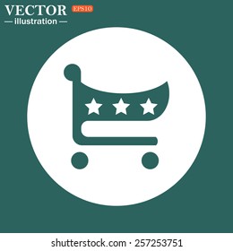 The green icon on a white circle on a green background. put in shopping cart , vector illustration, EPS 10