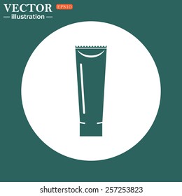 The green icon on a white circle on a green background. tube for cream or another cosmetic remedy , vector illustration, EPS 10