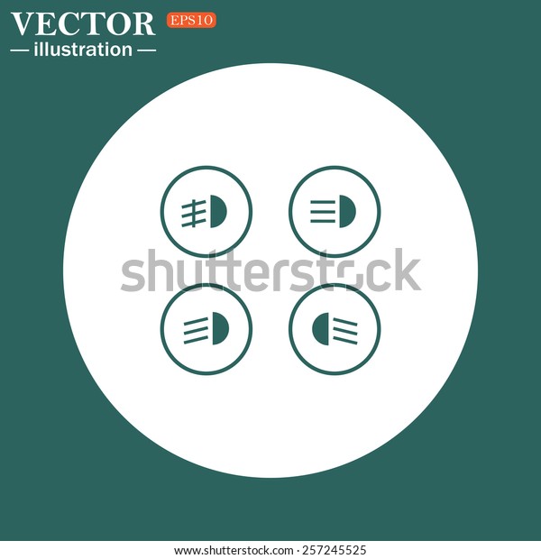 The
green icon on a white circle on a green background. Indicator
lights on the car dashboard, dipped beam, main beam, fog lights,
brake, rear fog lights. vector illustration, EPS
10
