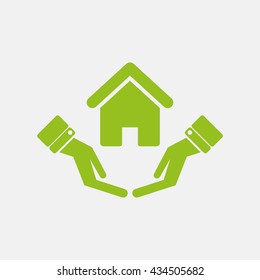 Green icon of Safe & Protected home in Hand on Light Gray background. Eps-10.