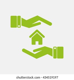 Green icon of Safe & Protected home in Hand on Light Gray background. Eps-10.