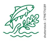Green icon of a salmon fish jumping in water with leaf wildlife environment illustration freshwater conservation protected salmonid ecosystem