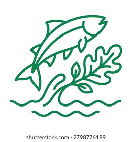 Green icon of a salmon fish jumping in water with leaf wildlife environment illustration freshwater conservation protected salmonid ecosystem