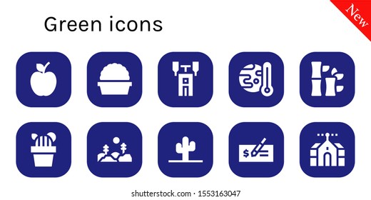 green icon set. 10 filled green icons.  Simple modern icons about  - Apple, Plant, Semaphore, Global warming, Bamboo, Cactus, Forest, Check, Domotics