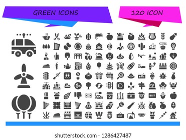  green icon set. 120 filled green icons. Simple modern icons about  - Electric car, Balloons, Windmill, Tea, Sabers, Seaweed, Tree, Pepper, Chameleon, Apple, Cactus, Grass, Harp