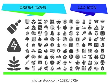 green icon set. 120 filled green icons.  Simple modern icons about  - Fermentation, Fern, Energy, Solar panel, Rgb, Growing plant, Tree, Reduce, Butterfly, Frog, Traffic lights