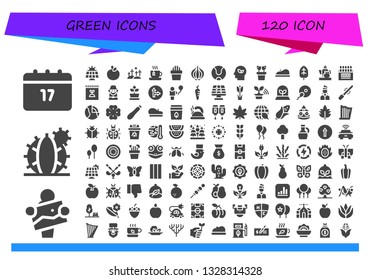 green icon set. 120 filled green icons.  Collection Of - Saint Patrick, Artist, Cactus, Solar panel, Apple, Windmill, Tea, Onion, Tennis ball, Eco, Plant, Beret, Leaf, Teapot