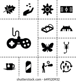 Green icon. set of 13 filled green icons such as harvest, leaf, hand with seeds, scorpion, butterfly, joystick, greenohuse, man, barn, tea, flower, beer can