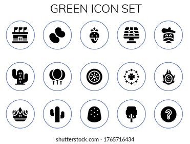 green icon set. 15 filled green icons. Included Stadium, Cactus, Jelly beans, Balloons, Strawberry, Kiwi, Solar panel, Saint Patrick, Artist, Dragon fruit, Chameleon, Gumdrop icons