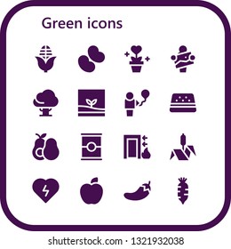 green icon set. 16 filled green icons.  Simple modern icons about  - Corn, Jelly beans, Plant, Artist, Tree, Terrarium, Balloon, Watermelon, Avocado, Tomato, Exit, Bulrush, Defibrillator