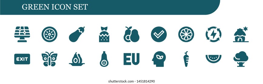 green icon set. 18 filled green icons.  Simple modern icons about  - Solar panel, Kiwi, Eggplant, Strawberry, Avocado, Check, Mangosteen, Energy, Cabin, Exit, Butterfly, Butternut squash