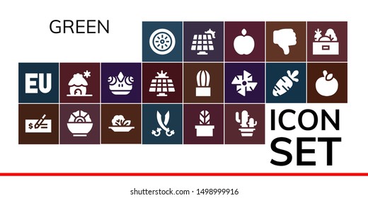 green icon set. 19 filled green icons.  Simple modern icons about  - Kiwi, Symbol, Check, Salad, Sabers, Cactus, Cabin, Chameleon, Solar panel, Windmill, Carrot, Apple, Dislike