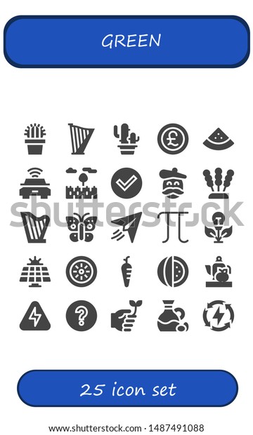 green icon\
set. 25 filled green icons.  Simple modern icons about  - Cactus,\
Harp, Pound, Watermelon, Electric car, Prairie, Check, Artist,\
Seaweed, Butterfly, Paper plane,\
Pi
