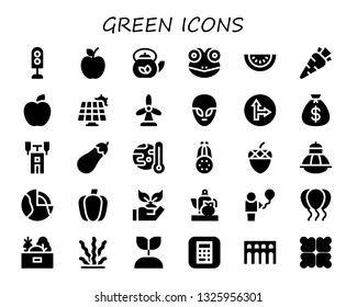 green icon set. 30 filled green icons.  Collection Of - Traffic light, Apple, Teapot, Frog, Watermelon, Carrot, Solar panel, Windmill, Alien, Traffic signal, Money bag, Semaphore