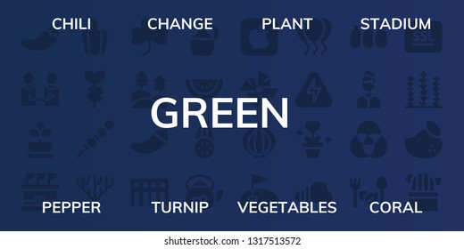 green icon set. 32 filled green icons. on blue background style Collection Of - Chili, Change, Plant, Stadium, Pepper, Turnip, Vegetables, Coral, Clover, Forest, Segovia, Olive oil