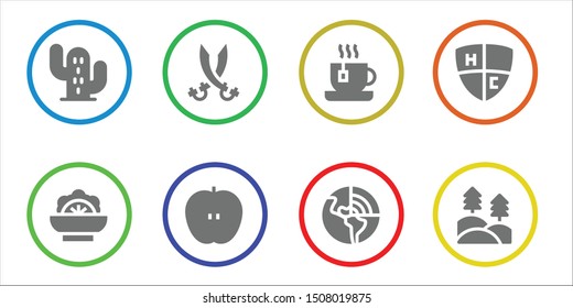 green icon set. 8 filled green icons.  Collection Of - Cactus, Salad, Sabers, Apple, Tea, Geothermal, Emblem, Forest icons