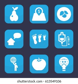 Green icon. set of 9 filled green icons such as leaf, apple, pear, drop counter, lot price, home message, man holding globe, family footprint