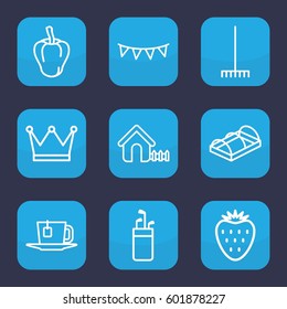 green icon. Set of 9 outline green icons such as pepper, house, rake, greenohuse, party flag, tea, strawberry, crown
