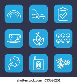 Green icon. set of 9 outline green icons such as tree, tea cup, lawn mower, clover, intercom, rainbow, flower, plant