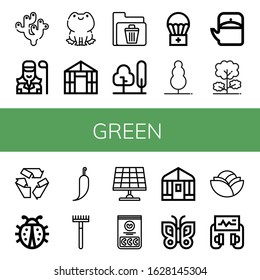green icon set. Collection of Coral, Golfer, Frog, Greenhouse, Recycle bin, Tree, Airdrop, Teapot, Recycle, Ladybug, Hot pepper, Rake, Solar panel, Jelly beans, Butterfly icons
