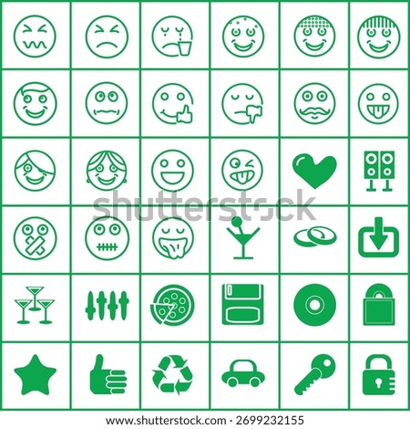 Green Icon Set Collection with Emojis and Miscellaneous Symbols.