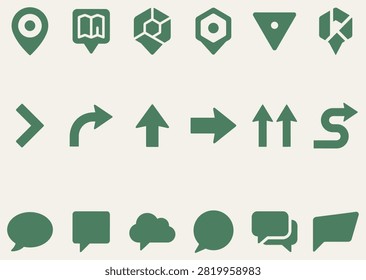 A green icon set featuring map markers, directional arrows, and various speech bubble shapes, suitable for communication, navigation, and interface design elements.