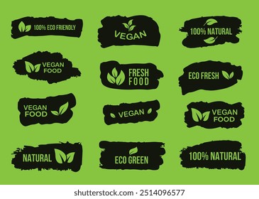Green icon set of fresh vegan eco friendly gluten free natural healthy food product fruit vegetable. Icons flat vector illustrations isolated on white and transparent background