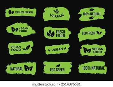 Green icon set of fresh vegan eco friendly gluten free natural healthy food product fruit vegetable. Icons flat vector illustrations isolated on white and transparent background