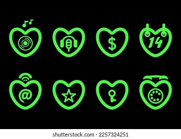 Green Icon set. Hearts - Music, money, internet, phone, email, microphone, lock, dollar. Wi fi heart - logo. Vector illustration on black background. Love symbol.