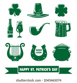 Green icon set for St. Patricks Day. Happy St. Patrick's Day. Patricks Day symbol collection. Vector illustration