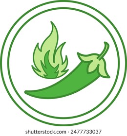 Green Icon Spicy. Vector Icon of Chili Pepper and Fire. Spicy Food or Sauce. Label for Packaging Spicy Foods