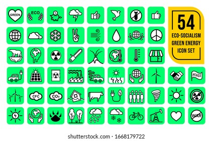 Green icon and symbol concept green eco world. Set of 54 ecology vectors of thin line icons for eco business, eco banking, green energy, peace, eco technology, climate change, weather and meteorology