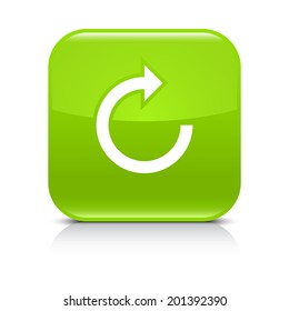 Green icon with white arrow repeat, reload, refresh, rotation sign. Set 05. Rounded square button with gray reflection, black shadow on white background. Vector illustration web design in 8 eps