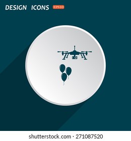 Green icon. White circle with a shadow on a green background. Aerial photography. Festive balloons. Quadrocopter. icon. vector design
