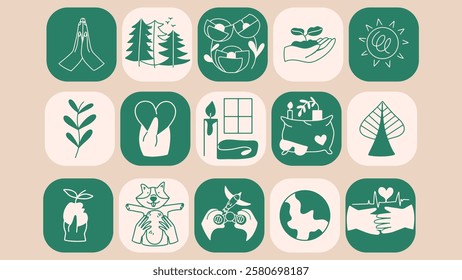 Green icons about the environment. Mental health care conceptual set. Natural elements set in flat style. Hand drawn sustainable illustrations. 