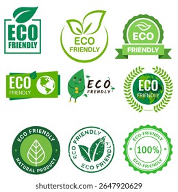 Green icons and badges for eco-friendly, sustainable, and natural concepts. Includes symbols of recycling and health.