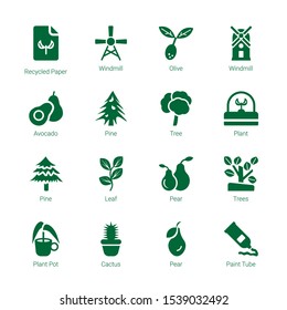 green icons. Editable 16 green icons. Included icons such as Recycled paper, Windmill, Olive, Avocado, Pine, Tree, Plant, Leaf, Pear, Trees, Plant pot. green trendy icons for web.