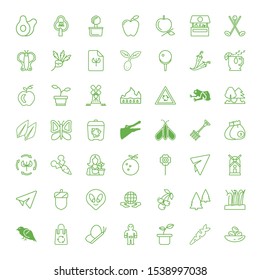 green icons. Editable 49 green icons. Included icons such as Olives, Carrot, Plant, Alien, Butterfly, Recycled bag, Sparrow, Grass, Pine, Cherries. green trendy icons for web.