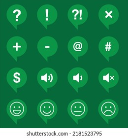 Green Icons Interrogation Exclamation Multiplying Negation Plus Minus Sign At Sign Hashtag Dollar Sign Audio Sound No Audio No Sound Happy Normal Neutral Sad Avaliation Bubble Talk Chat 