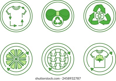 Green Icons of Recycled Textile Fibers. Vector Labels, Tags for Packaging. Recycled Textiles, Wool, Polyester, Microfiber, Nylon and Cotton. Fabric Concept