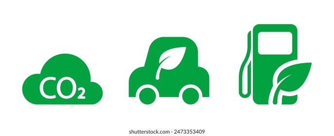 Green Icons Representing Co2 Reduction, Eco-friendly Car And Sustainable Fuel, Ideal For Environmental, Renewable Energy