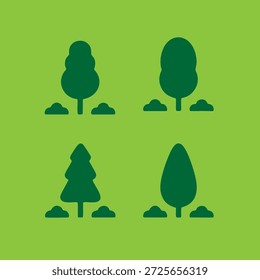 Ícones verdes que representam árvores e plantas diferentes em um fundo verde claro